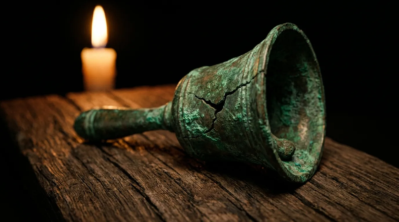 Una pequeña campana de bronce rajada, con pátina verde, junto a una vela
